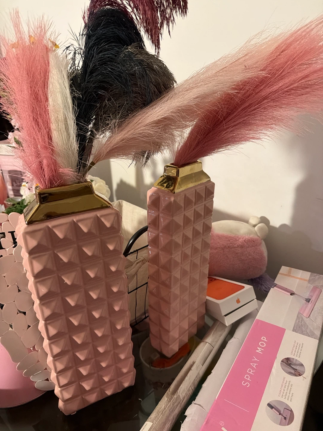 Pink Geometric Vases with Gold Tops - Set of 2