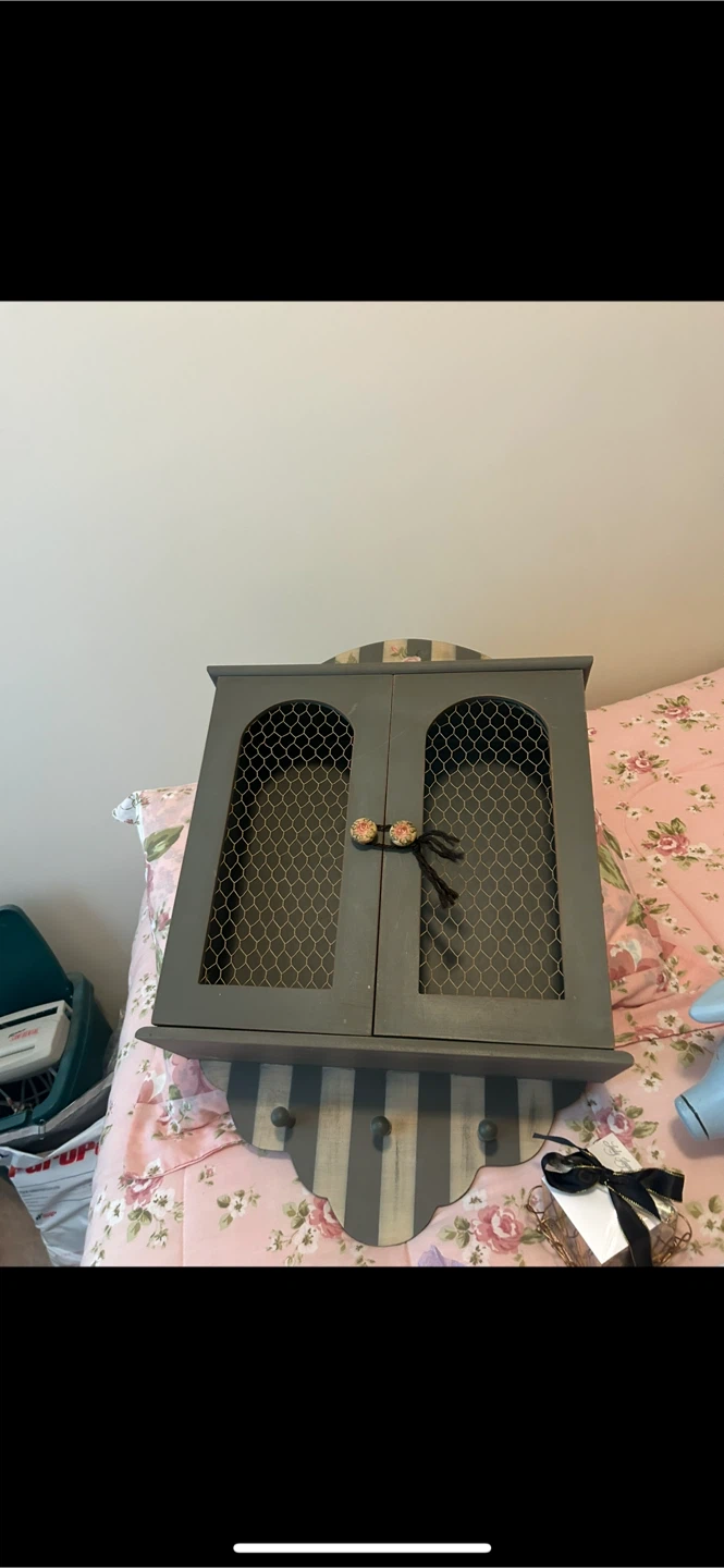 Green Wooden Wall Cabinet with Hooks