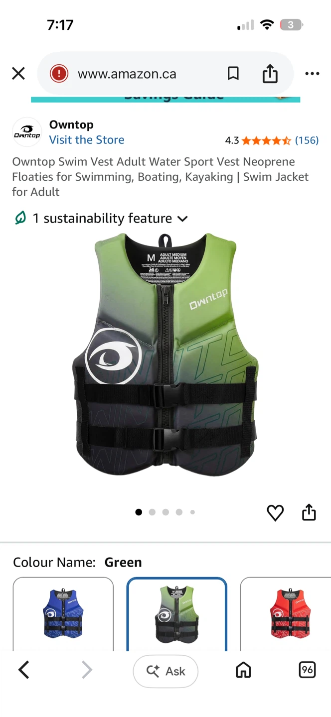 Brand new Owntop Adult Water Sport Vest - Green - Size M