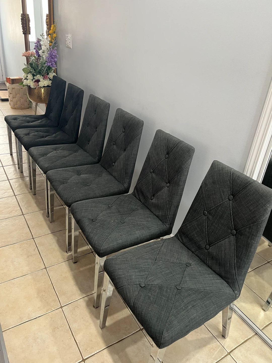Set of 6 Grey Fabric Dining Chairs with Chrome Legs - photo 2