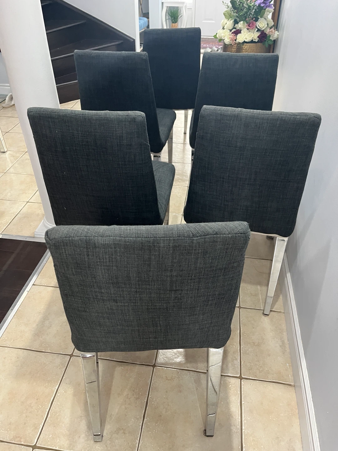 Set of 6 Grey Fabric Dining Chairs with Chrome Legs - photo 3