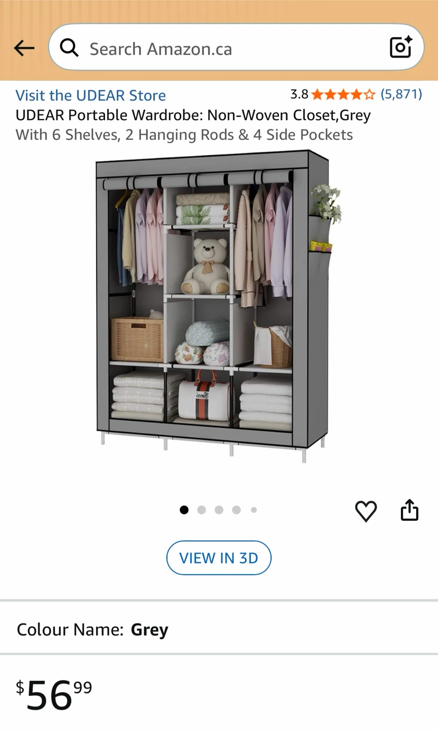UDEAR Portable Wardrobe Non-Woven Closet Grey with 6 Shelves
