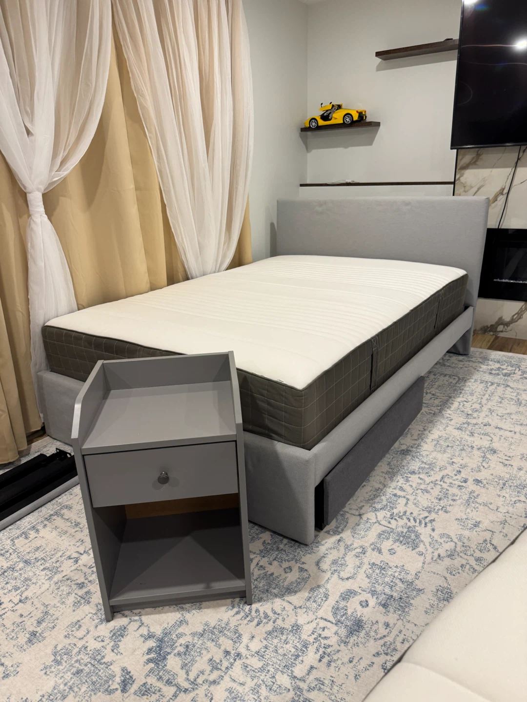 Gray Upholstered Platform Bed Frame with Storage Drawers