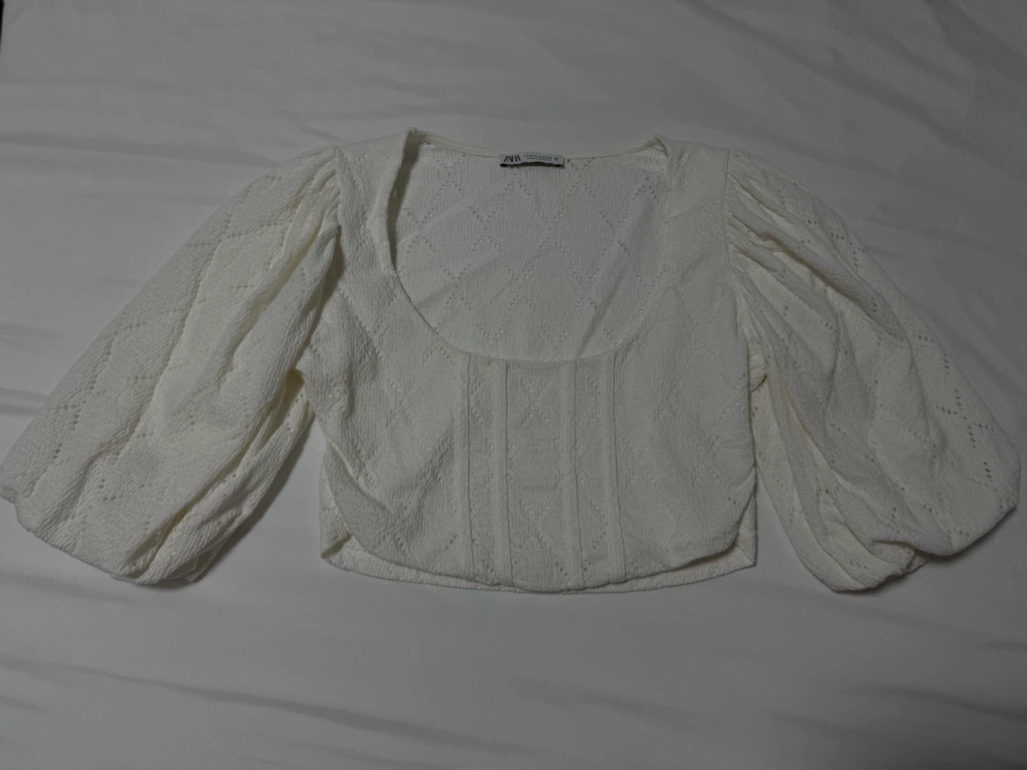 White ZARA Cropped Top with Puff Sleeves
