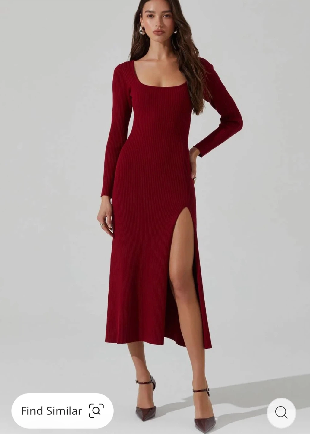 ASTR The Label Red Ribbed Long Sleeve Midi Dress