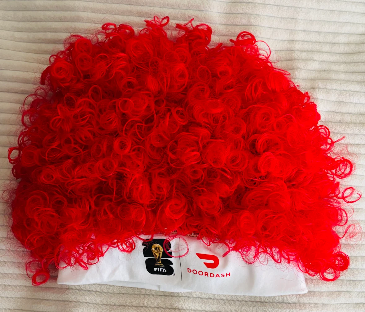 Red Curly Wig with 2026 FIFA and DoorDash Band