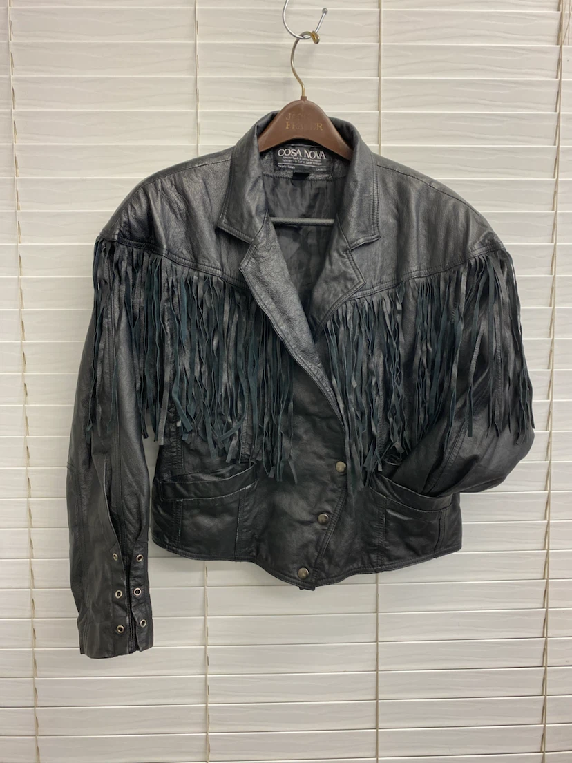 Cosa Nova Black Leather Fringed Jacket - Size L