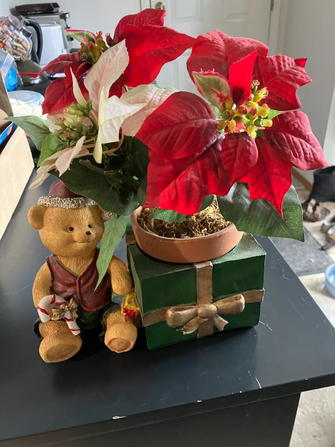 Christmas Poinsettia Decoration with Teddy Bear