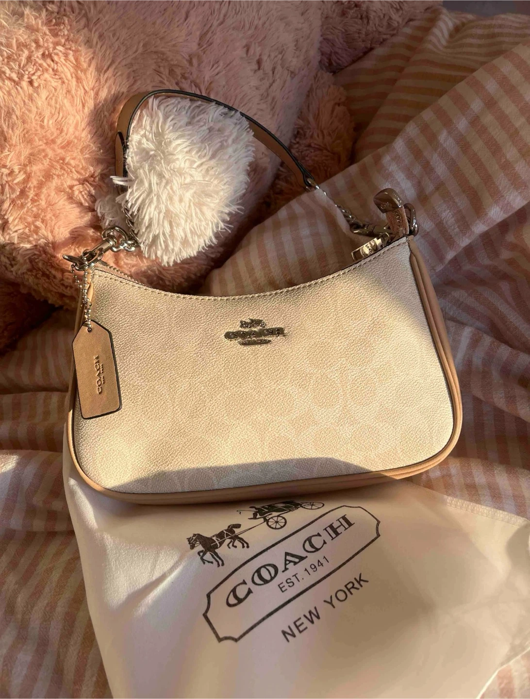 Coach Shoulder Bag with Fur Pom Pom