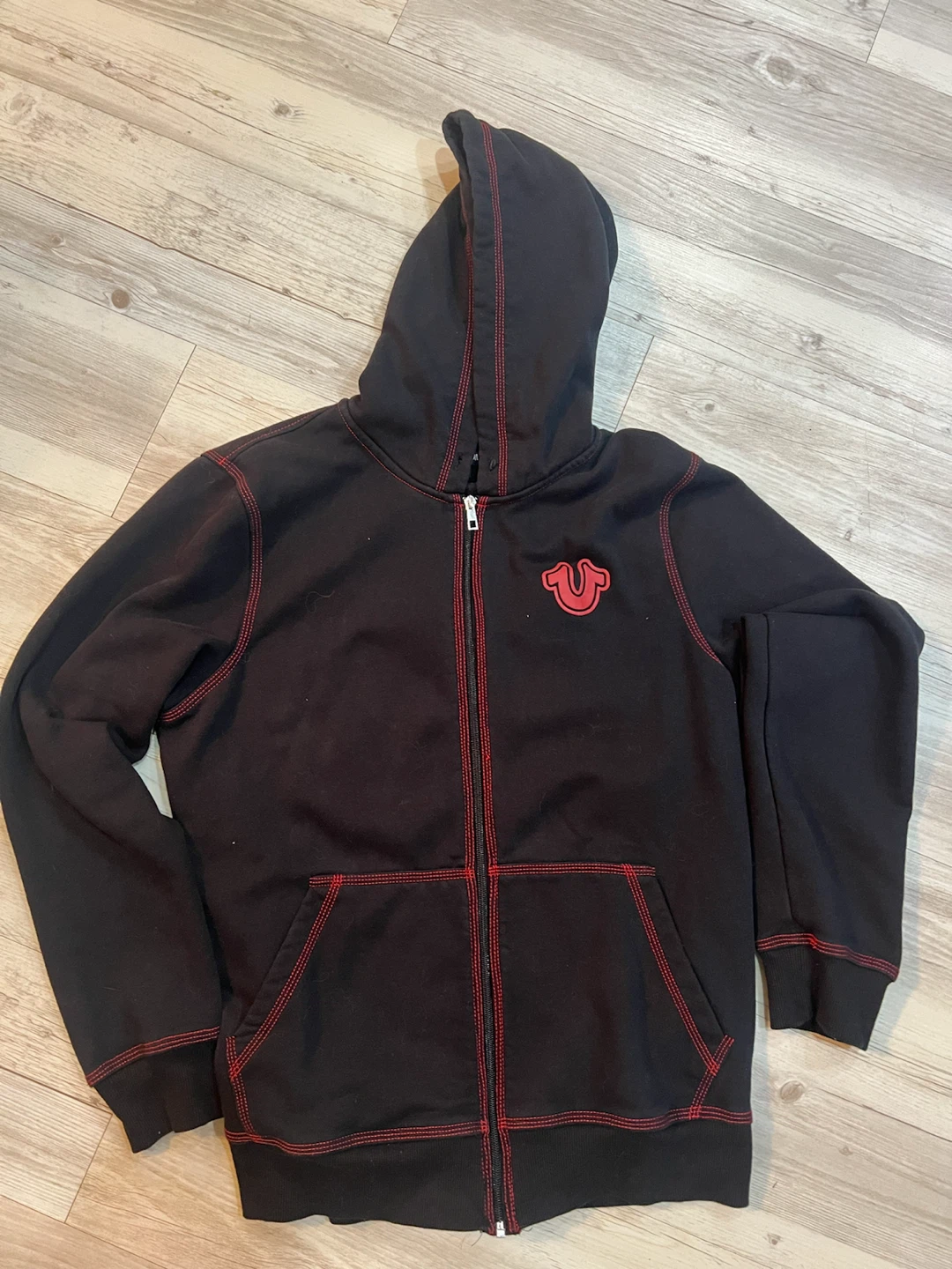 True Religion Black Hoodie with Red Stitching - Size L/G