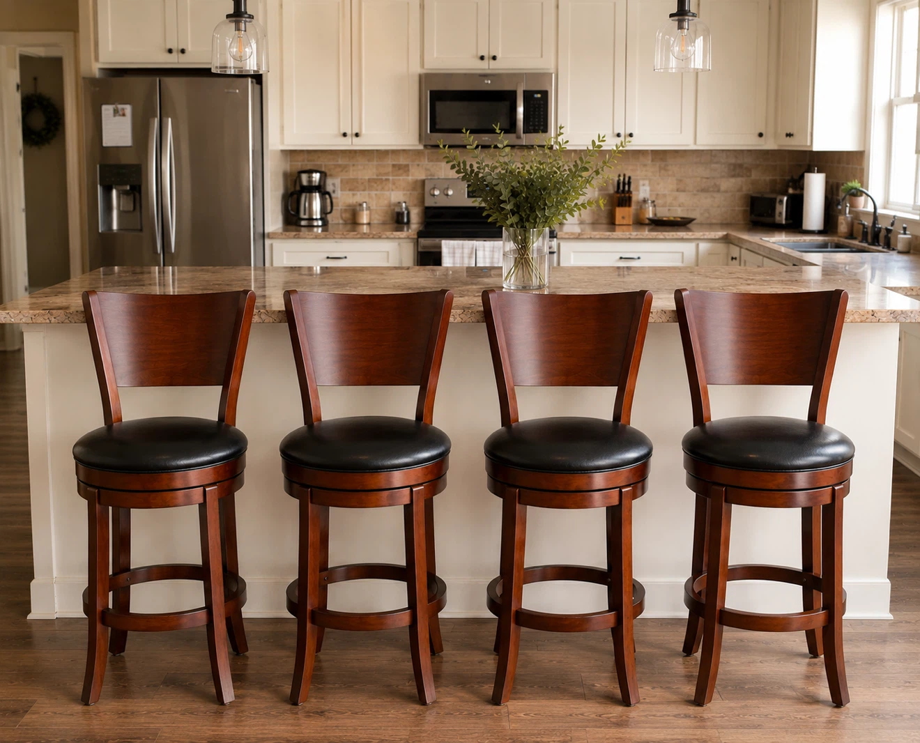 Set of 4 Swivel Bar Stools - Wood and Black Upholstery