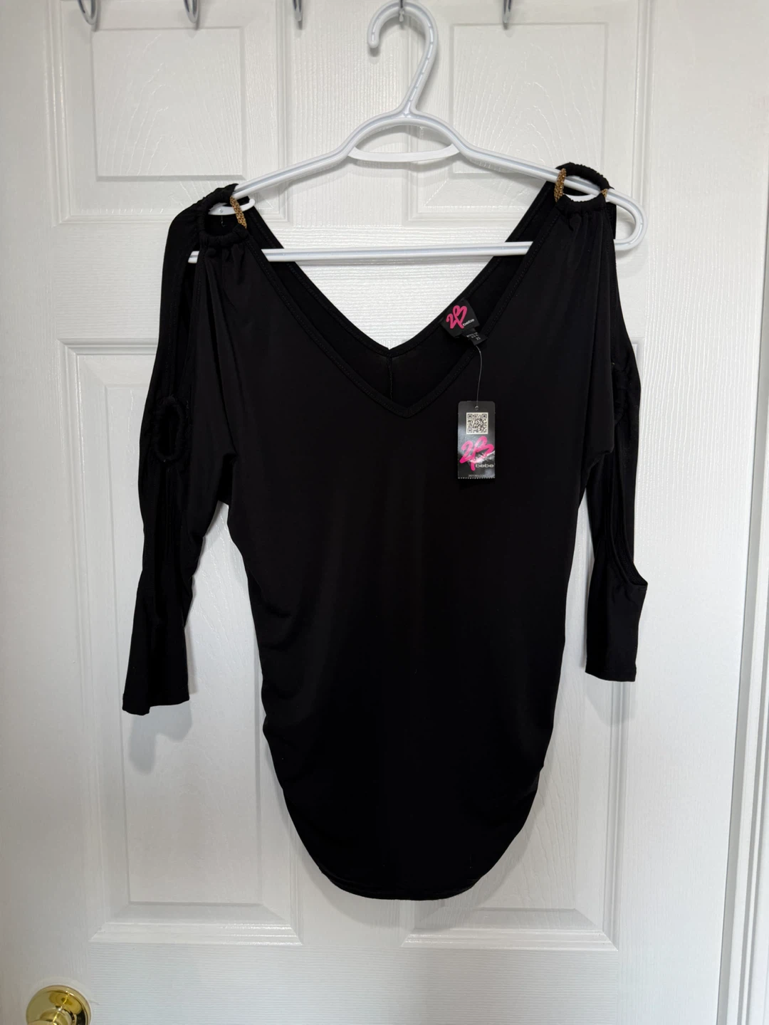 Bebe Black V-Neck Cold Shoulder Top