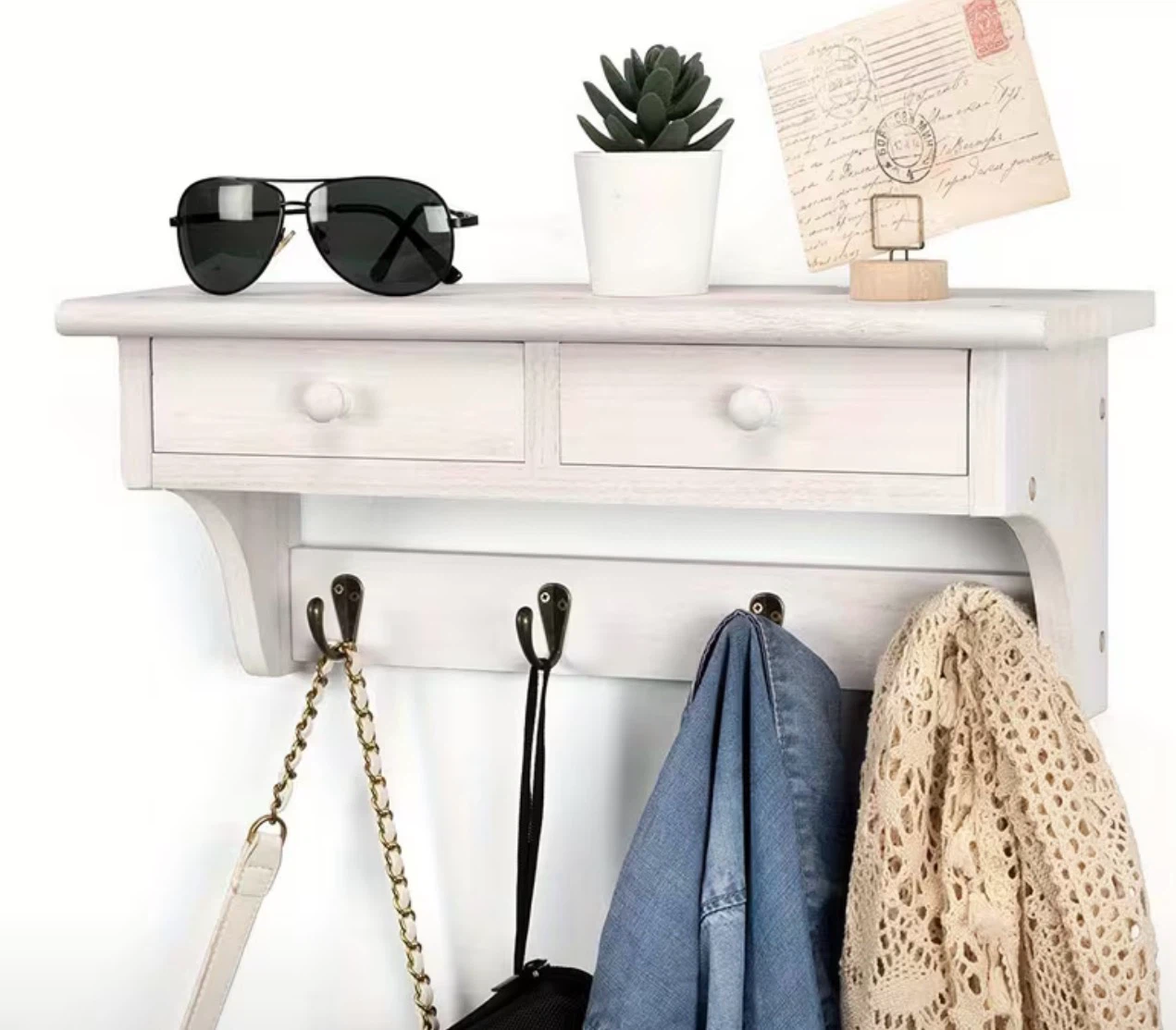 White Wall Shelf with 2 Drawers and 4 Hooks