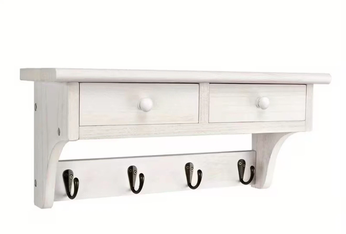 White Wall Shelf with 2 Drawers and 4 Hooks - photo 2