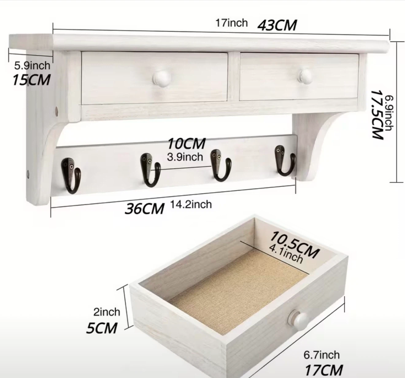 White Wall Shelf with 2 Drawers and 4 Hooks - photo 3