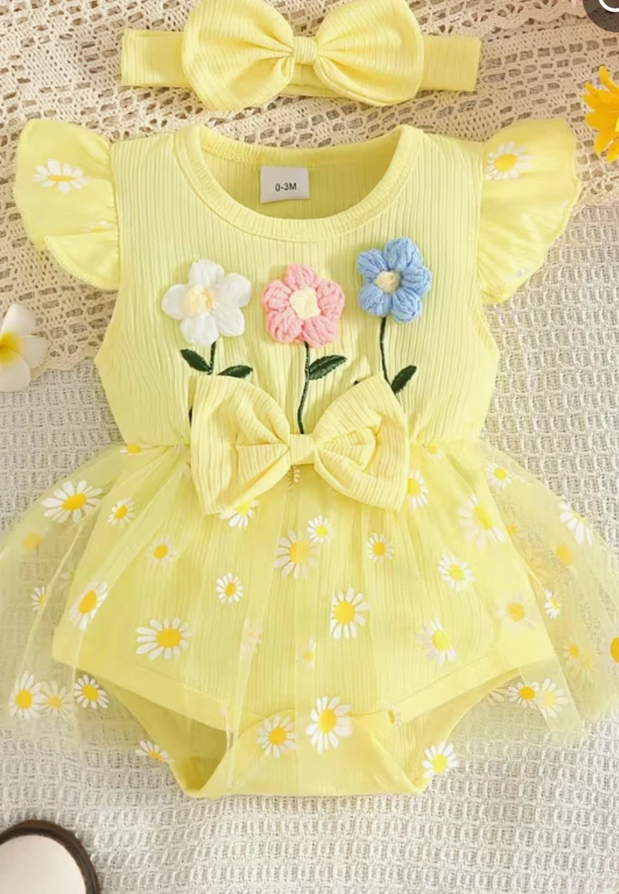 Baby Girl Yellow Daisy Dress with Headband 3-6M