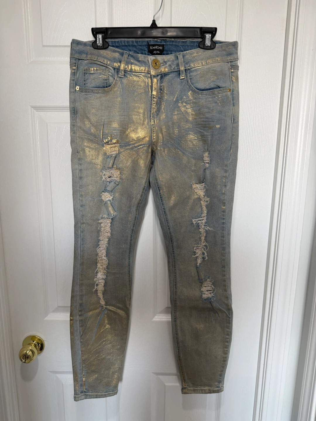 Bebe Gold Metallic Distressed Jeans