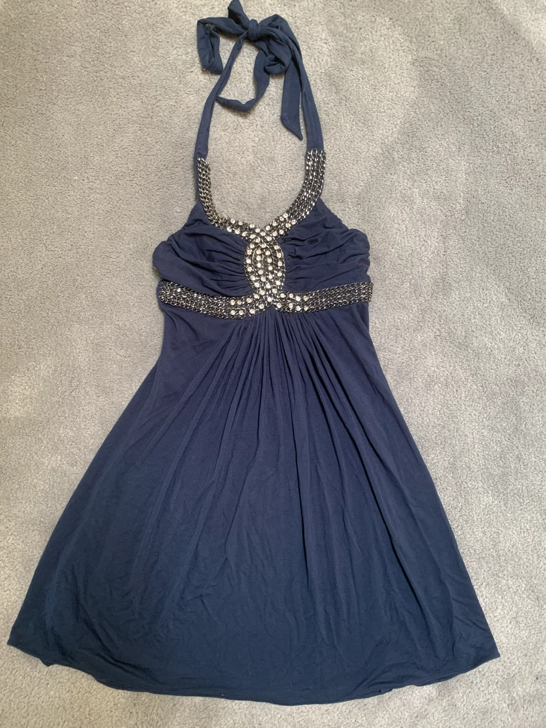 Sky Ladies Halter Dress XS Navy Blue Rhinestone Chain Accent