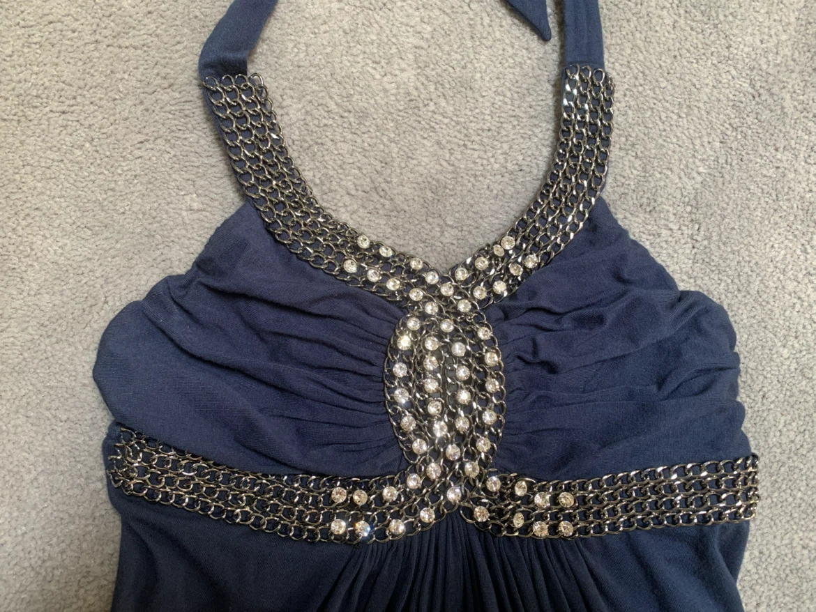 Sky Ladies Halter Dress XS Navy Blue Rhinestone Chain Accent - photo 2