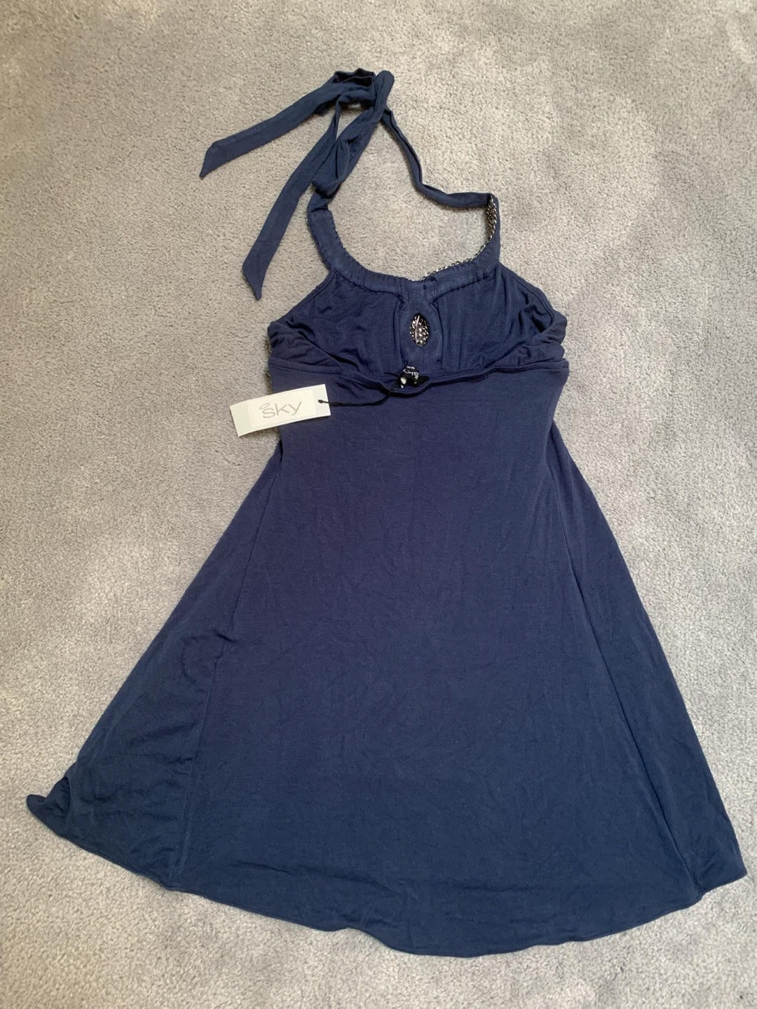Sky Ladies Halter Dress XS Navy Blue Rhinestone Chain Accent - photo 3