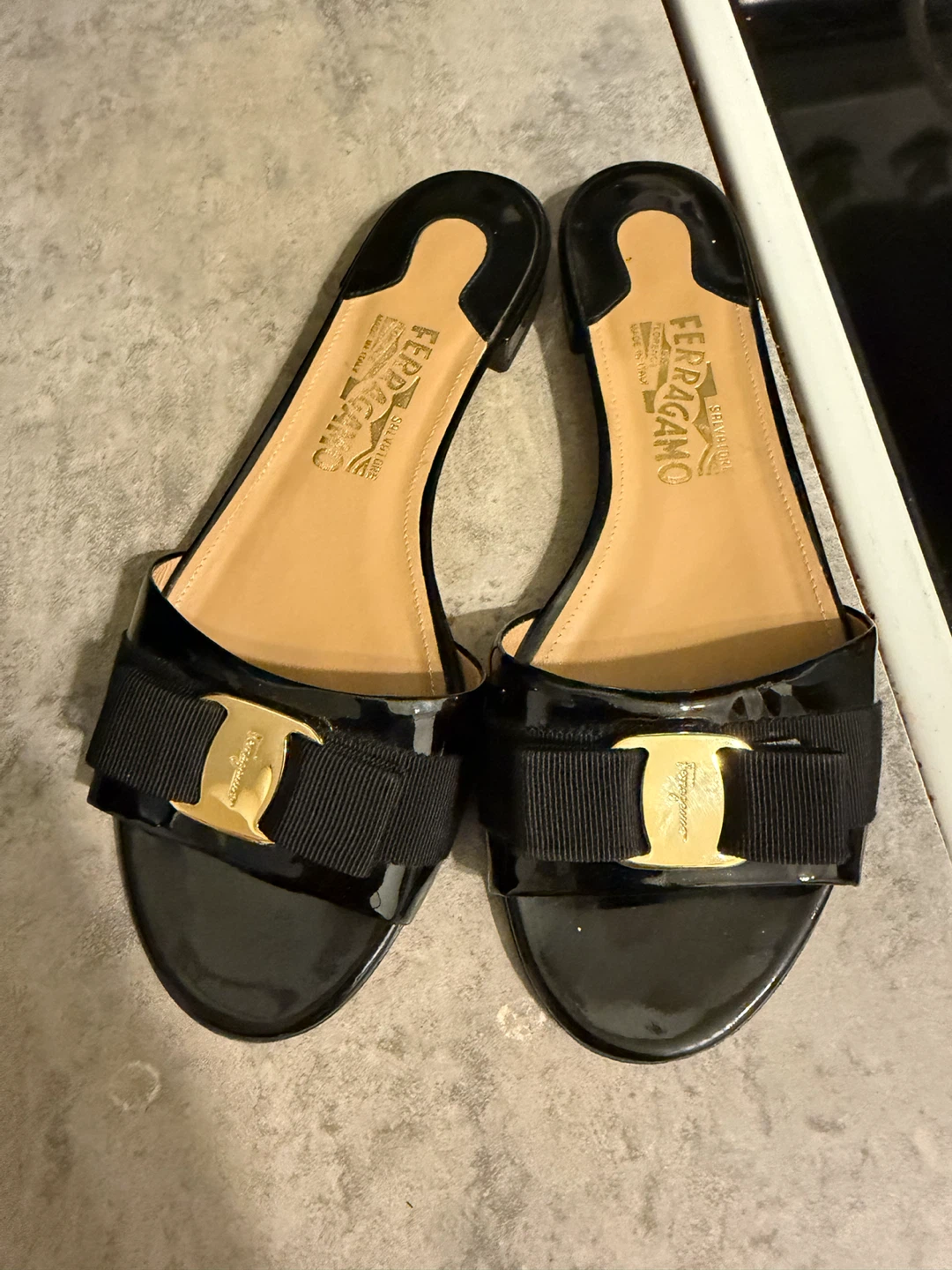 Salvatore Ferragamo Black Patent Leather Bow Sandals