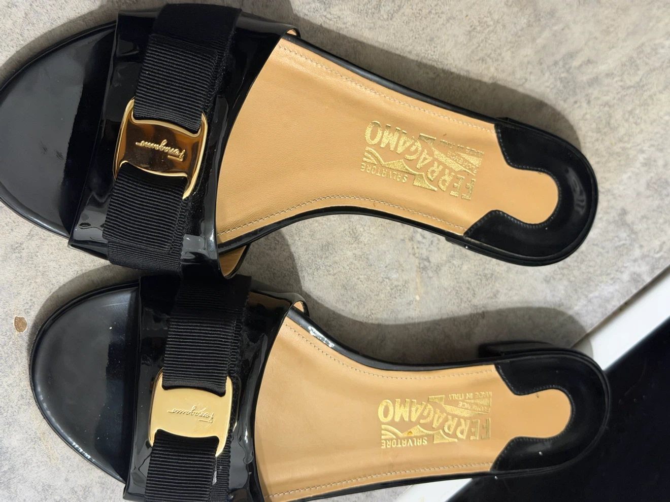 Salvatore Ferragamo Black Patent Leather Bow Sandals - photo 2