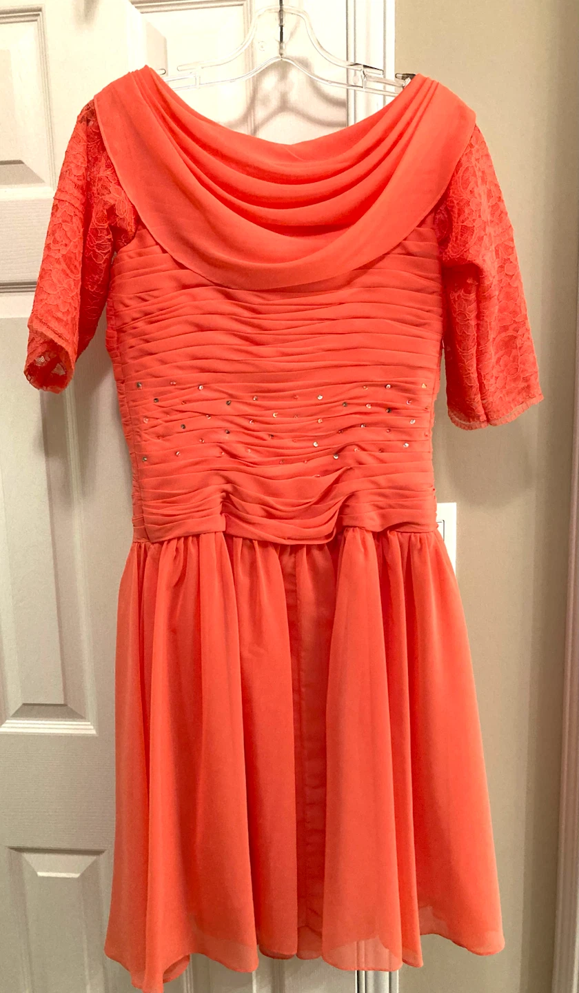 Elegant Coral Ruched Chiffon Dress with Sparkle Accents