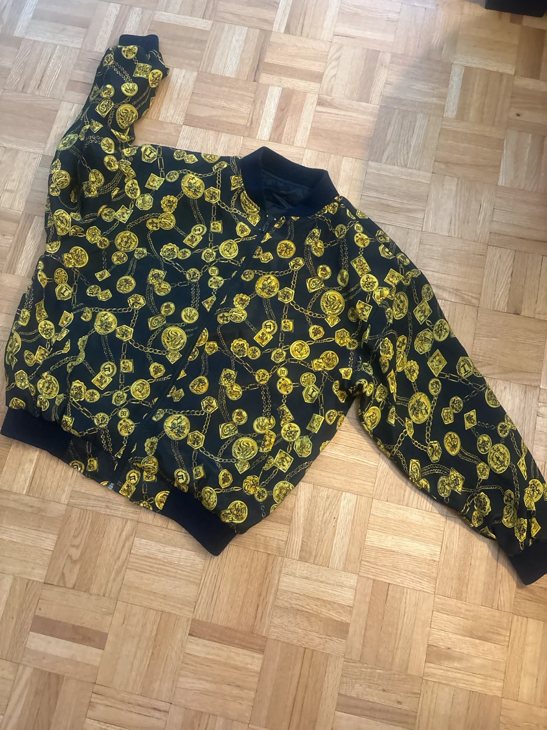 Black and Gold Chain Print Bomber Jacket