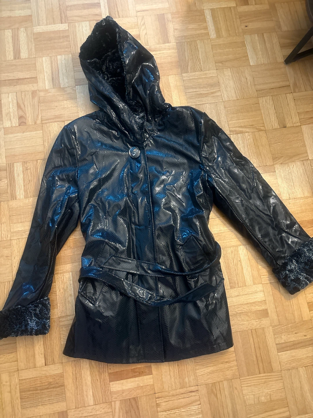 Black Shiny Hooded Coat with Faux Fur Trim