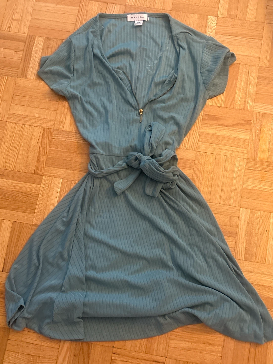 Majora Blue Ribbed Knit Dress with Zipper and Tie