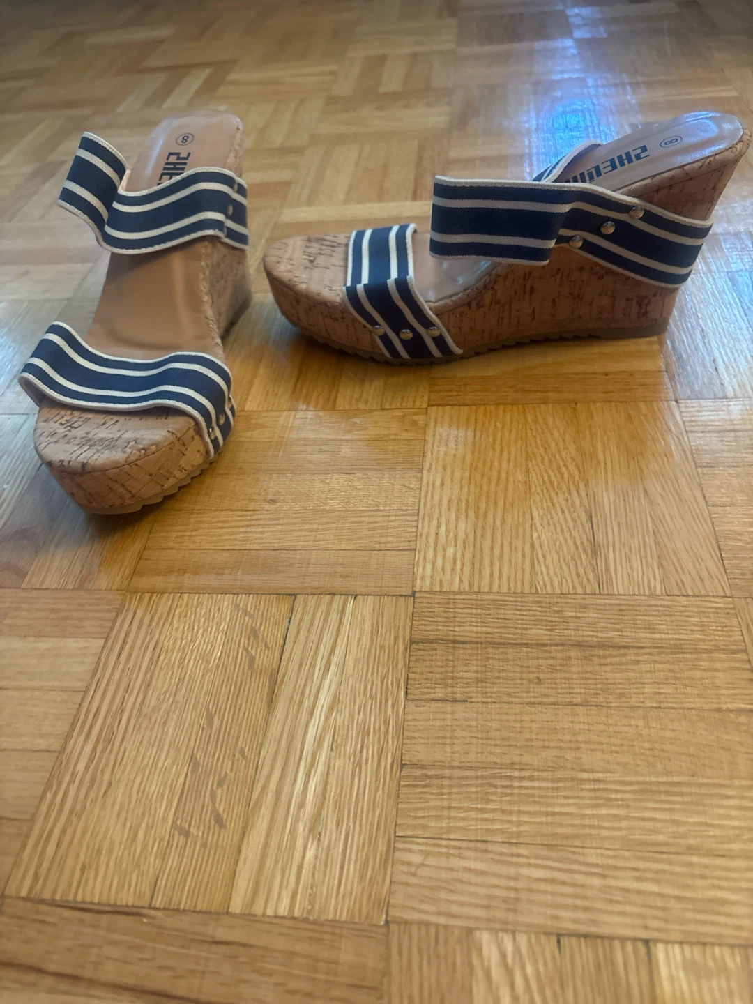 Blue and White Striped Wedge Sandals Size 8