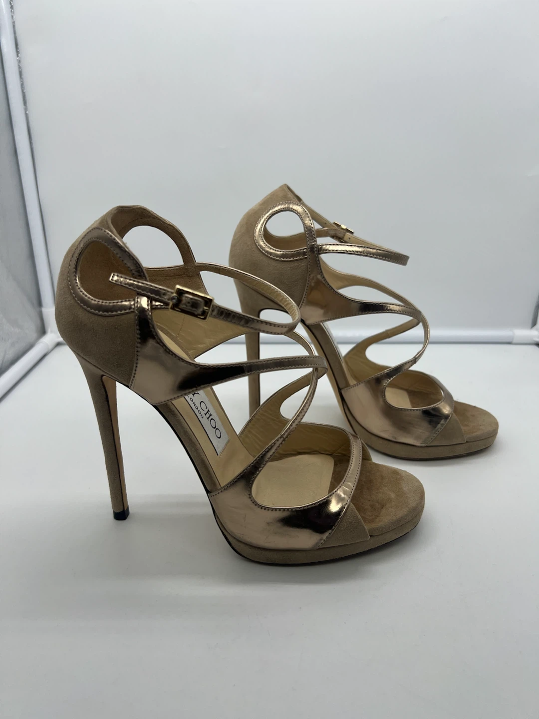 JIMMY CHOO Fancie 120 Metallic Gold Champagne Suede High Heel 36