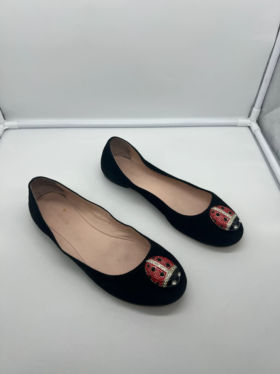 KATE SPADE Wendy Jeweled Ladybug Black Suede Ballet Flats sz 7