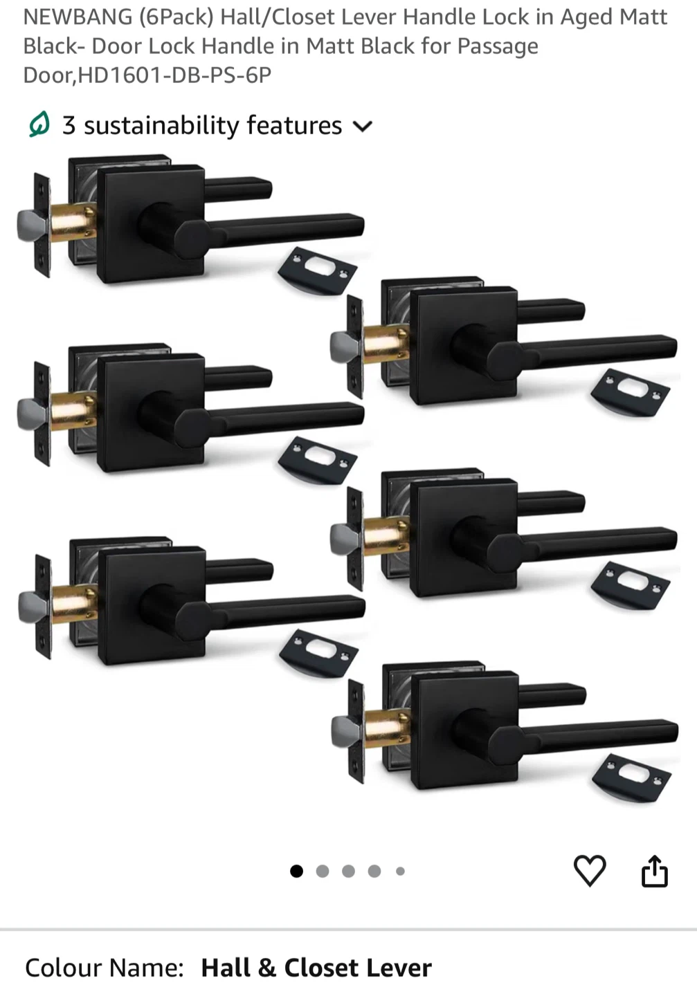 NEWBANG 6 Pack Hall/Closet Lever Handle Lock - Matt Black LHC