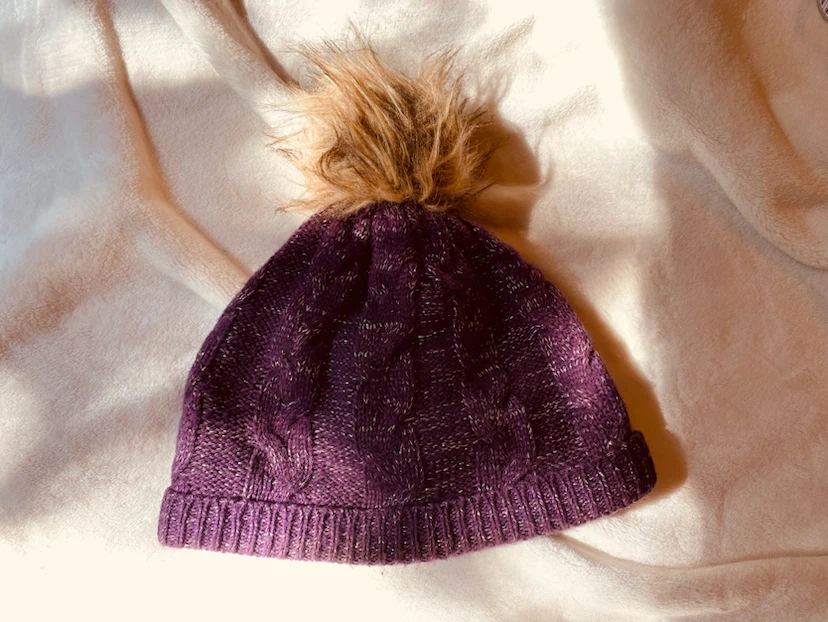 Purple Knit Beanie with Faux Fur Pom