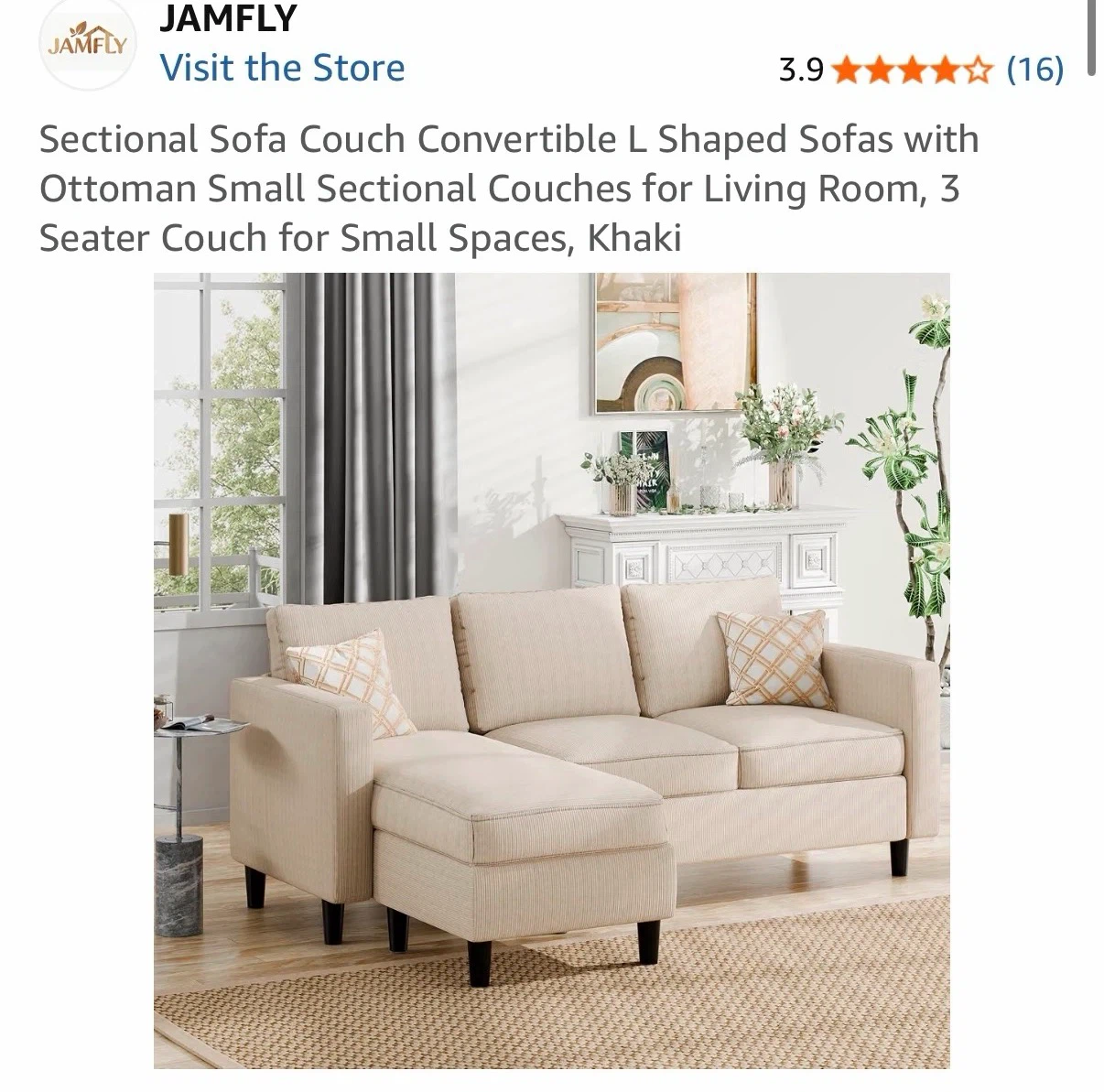 JAMFLY Sectional Sofa Couch - Khaki