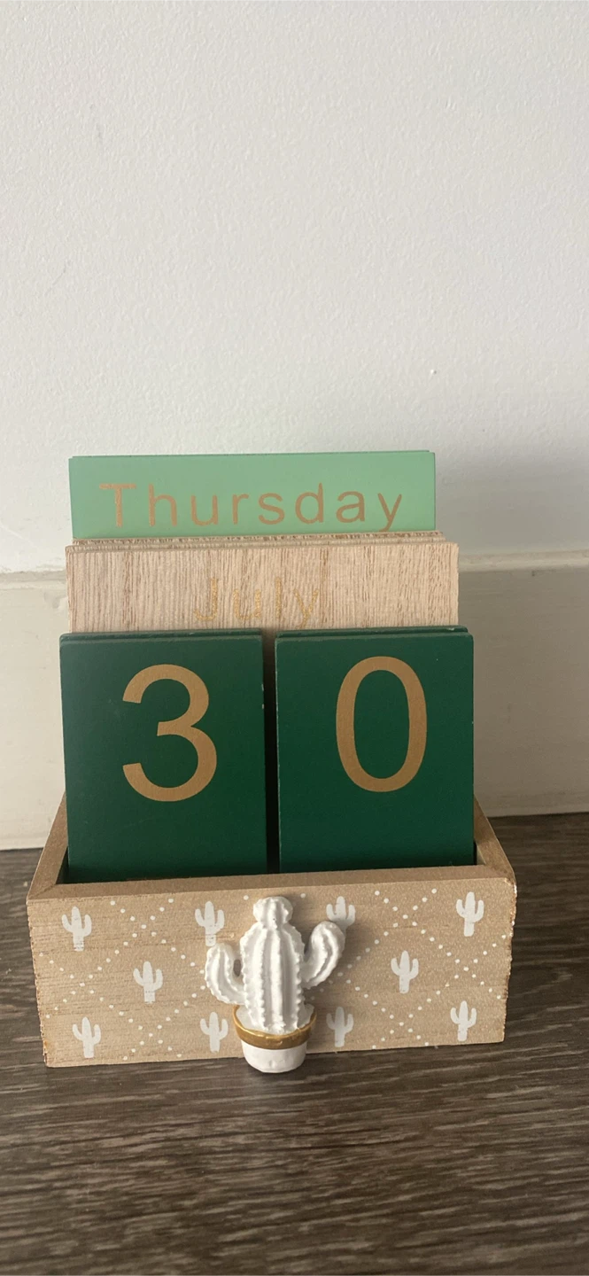 Wooden Perpetual Calendar with Cactus Decor