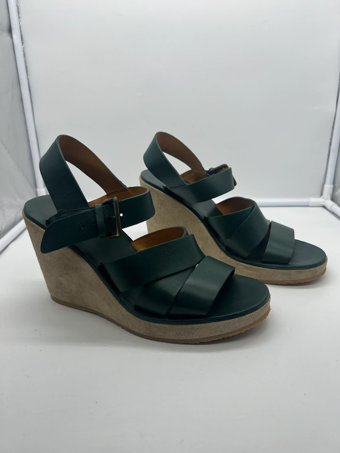 A.P.C. Paola Teal Green Leather Strappy Open Toe Wedges 38