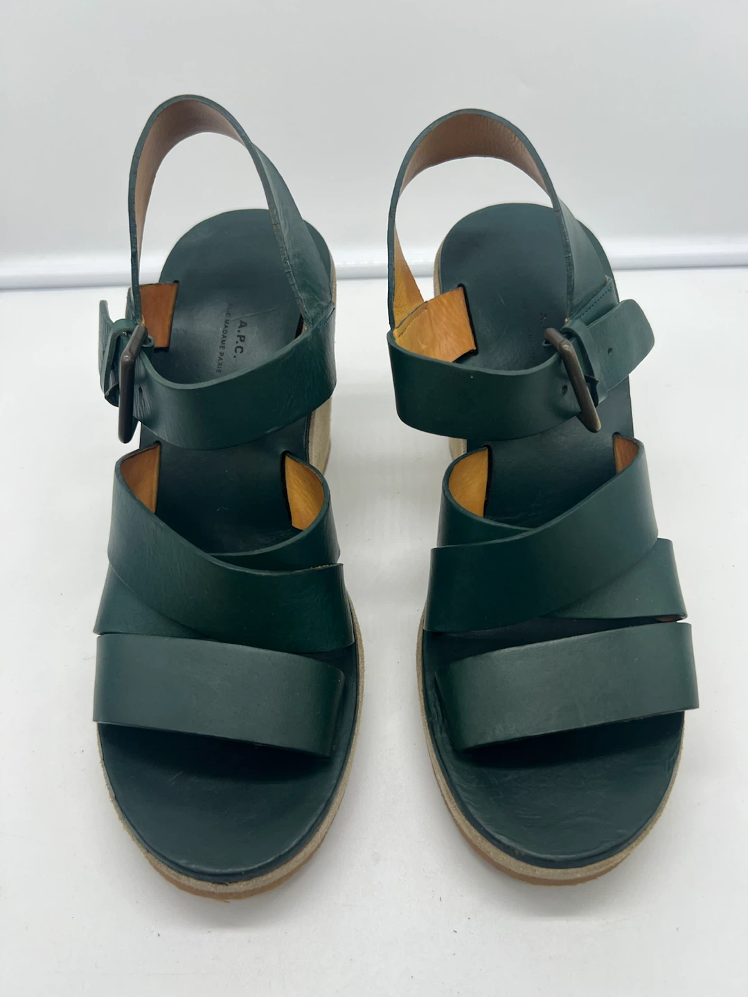 A.P.C. Paola Teal Green Leather Strappy Open Toe Wedges 38 - photo 3