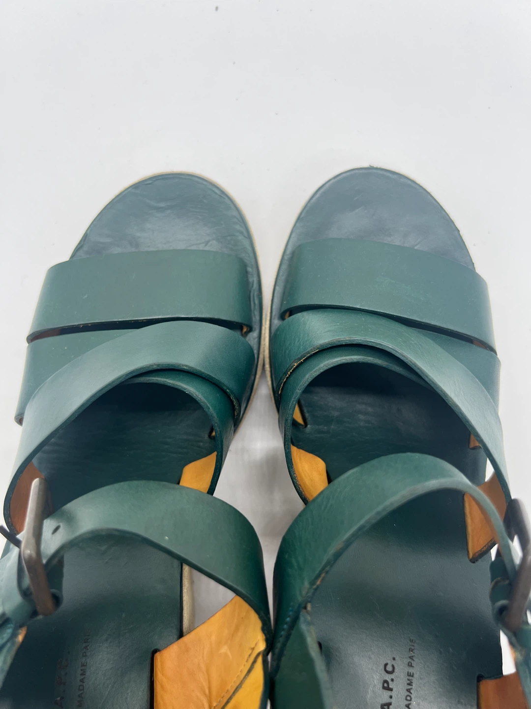 A.P.C. Paola Teal Green Leather Strappy Open Toe Wedges 38 - photo 5