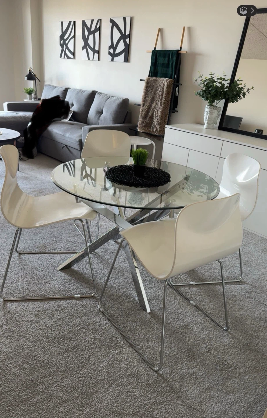 Glass Dining Table with 4 White Chairs