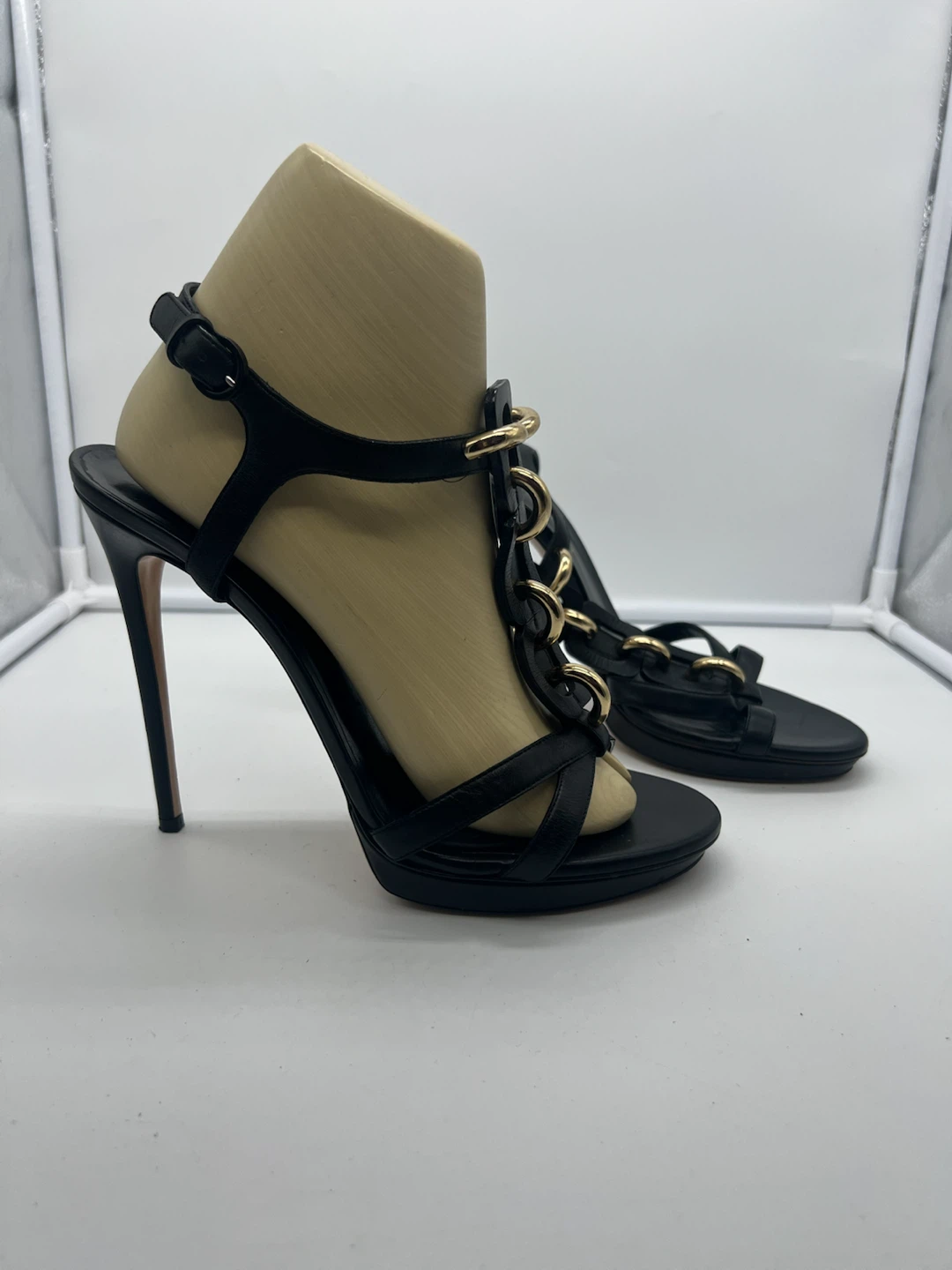 CASADEI Resort Collection T-Bar Black Leather Gold High Heels 11