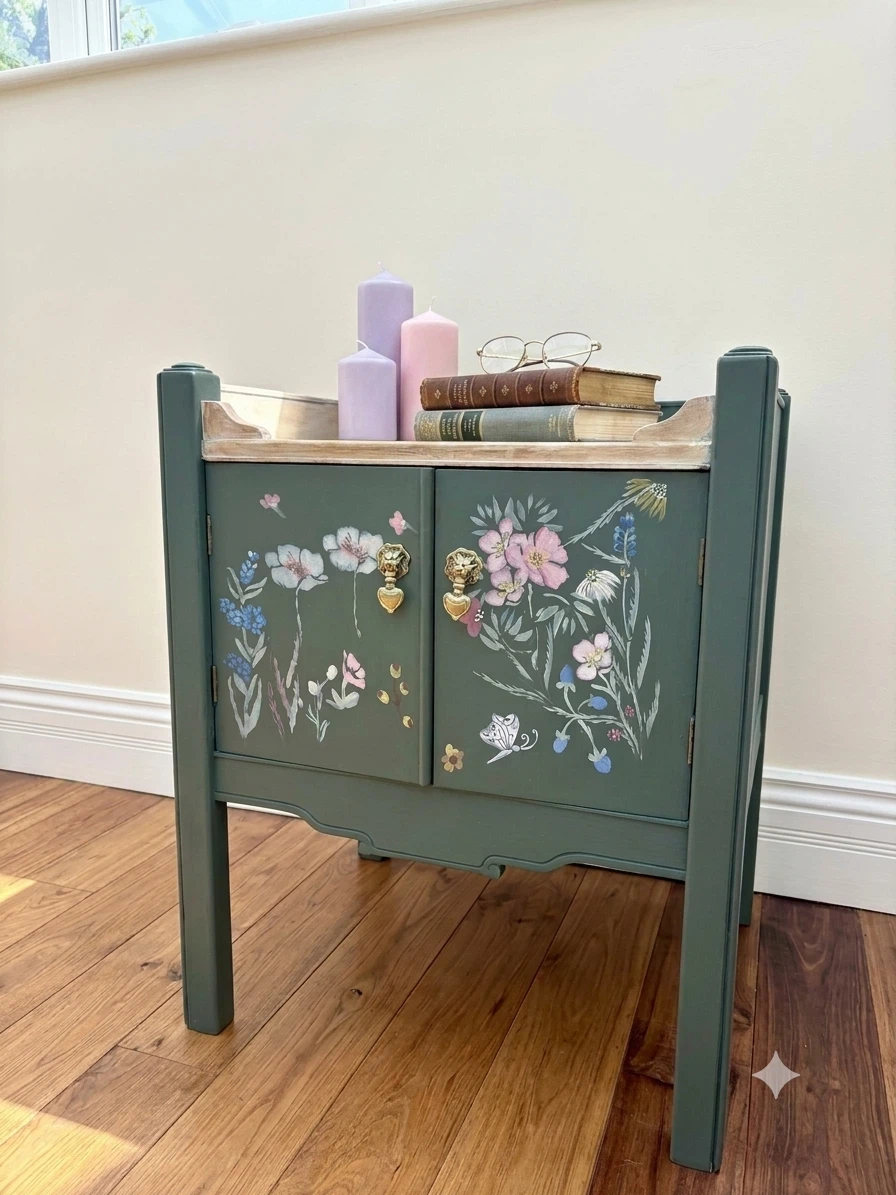 Vintage Green Floral Cabinet with Gold Lion Head Knobs