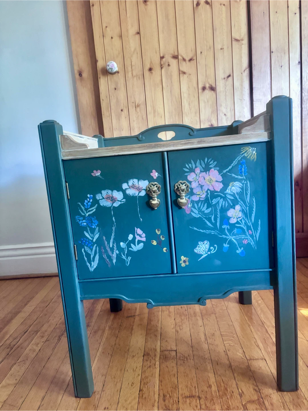 Vintage Green Floral Cabinet with Gold Lion Head Knobs - photo 2