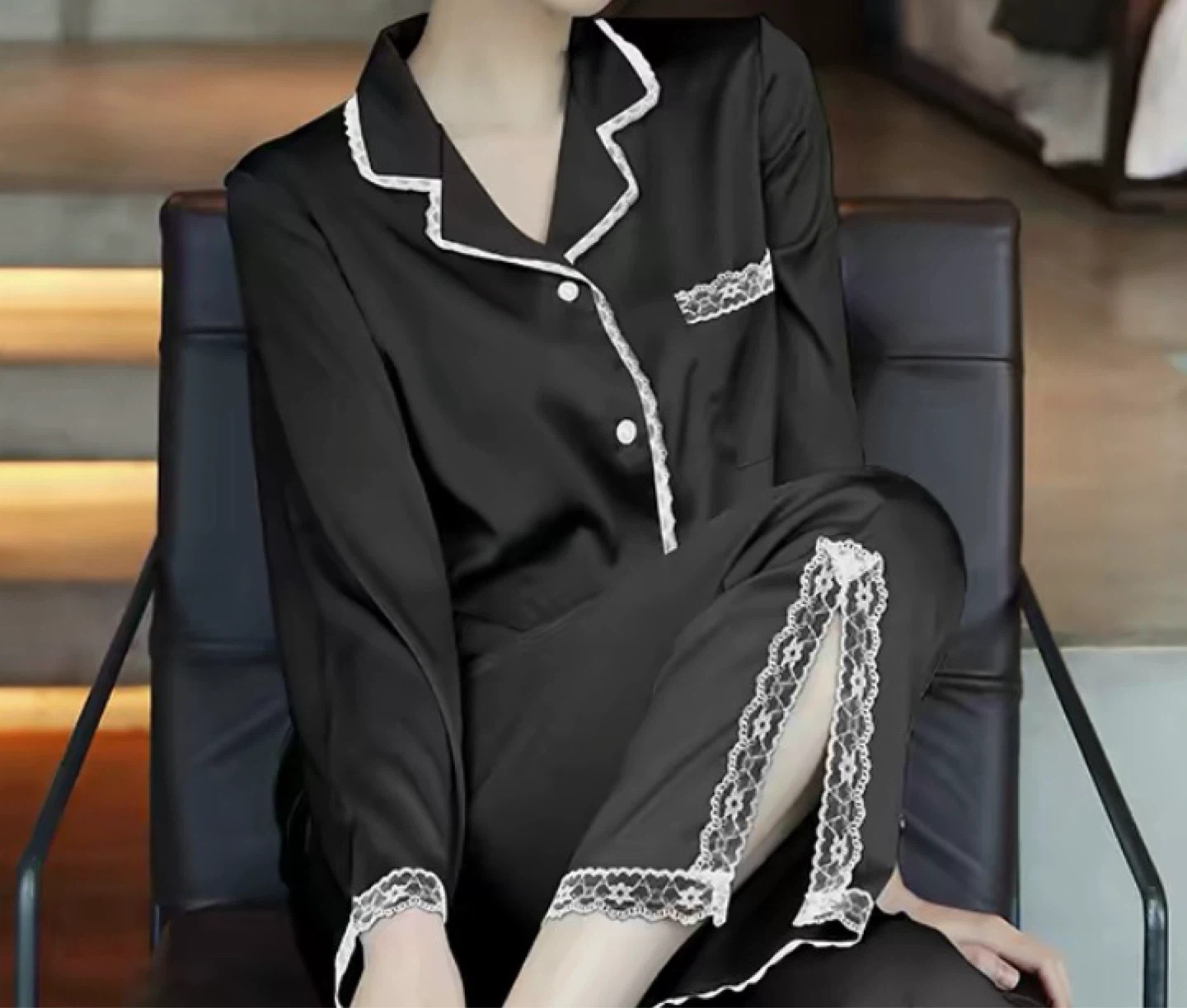 Black Satin Pajama Set with Lace Trim