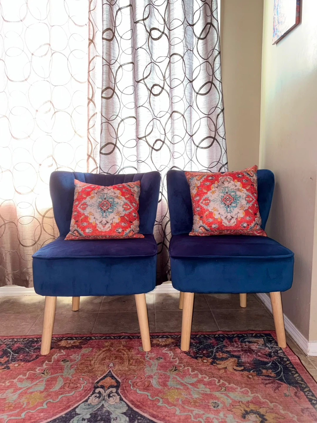 Two Blue Velvet Accent Chairs with Decorative Pillows - photo 2