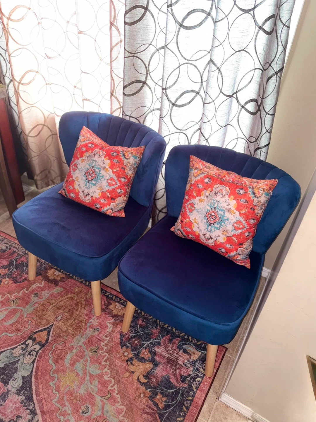 Two Blue Velvet Accent Chairs with Decorative Pillows - photo 3