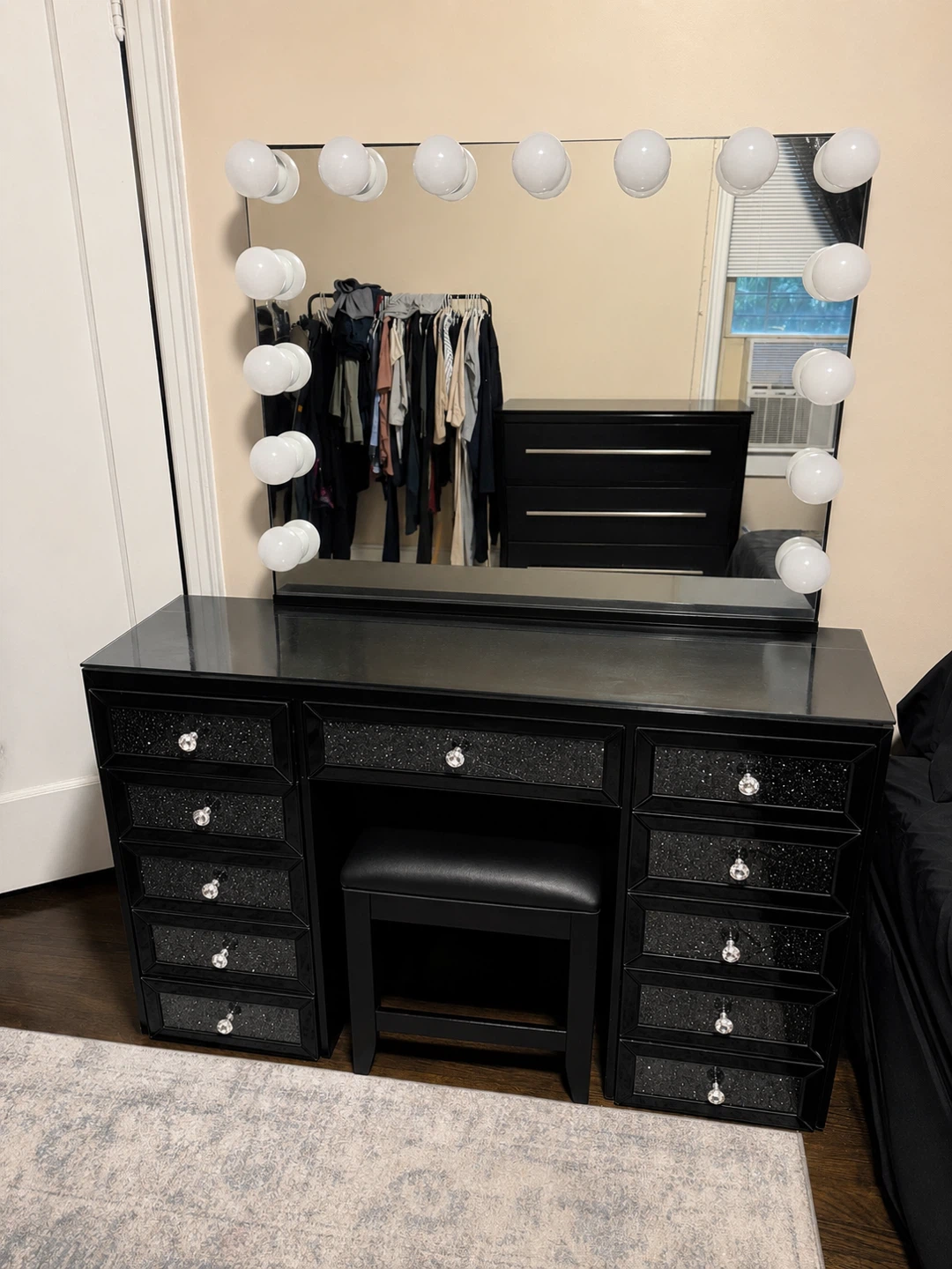 Beautiful black glass dress with mirror and dresser chair