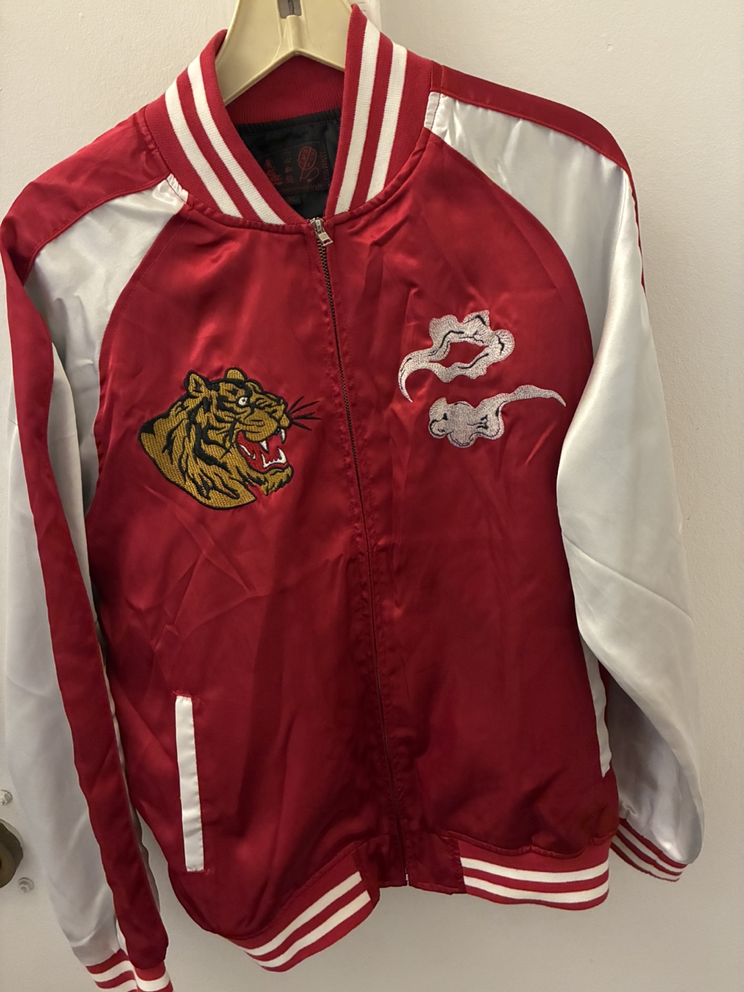 Red Embroidered Tiger and Dragon Bomber Jacket