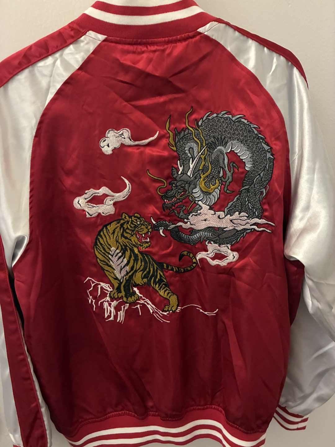 Red Embroidered Tiger and Dragon Bomber Jacket - photo 2